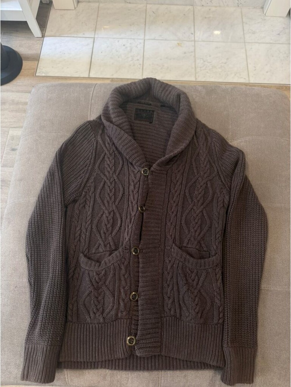 GUESS Mens M Brown Cable Knit Shawl Collar Cardigan Sweater